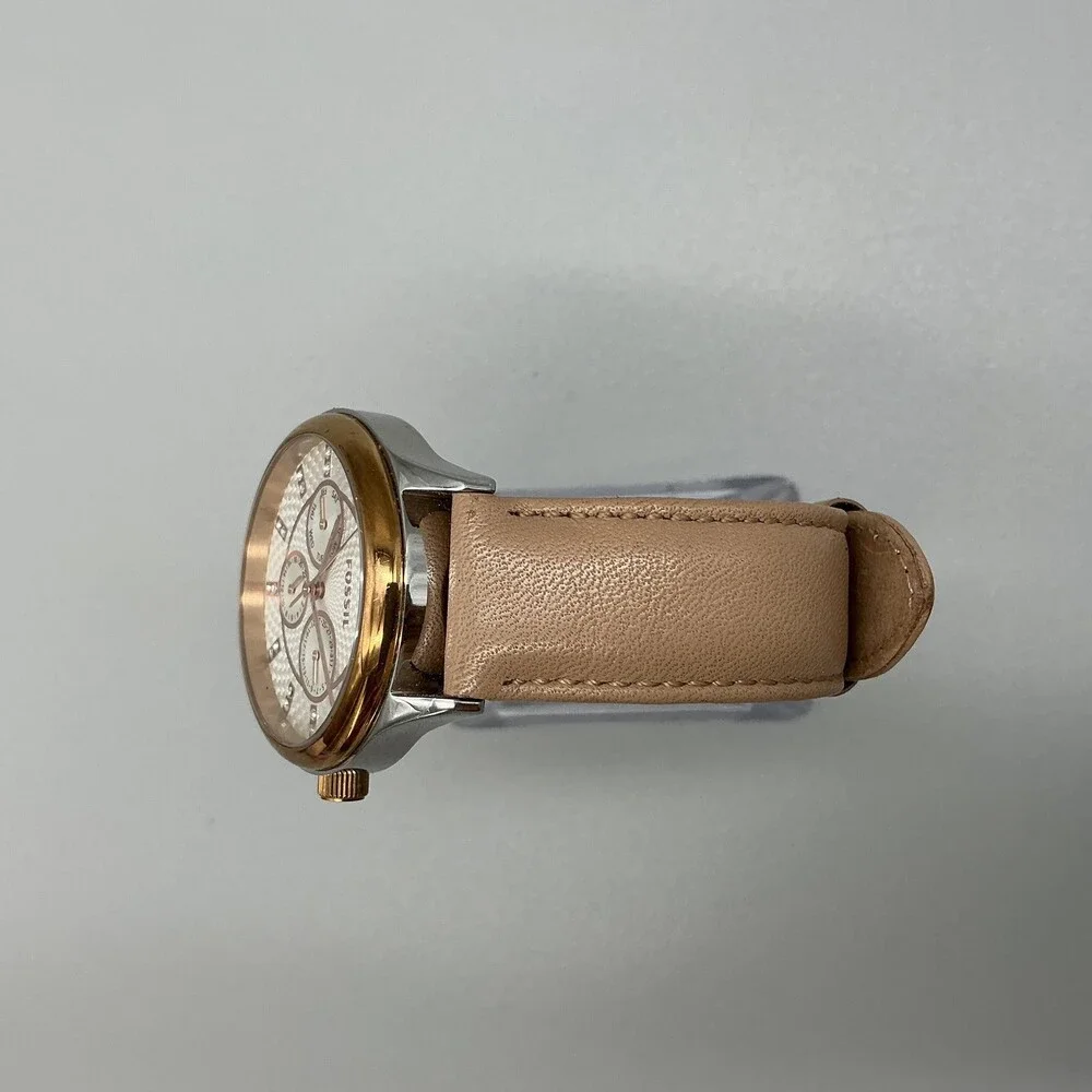 Fossil Womens Watch 36mm Rose Gold Tone Beige Leather Day Date New Battery